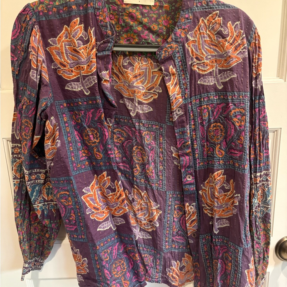 Boho Floral Button-Up Top in Purple and Orange